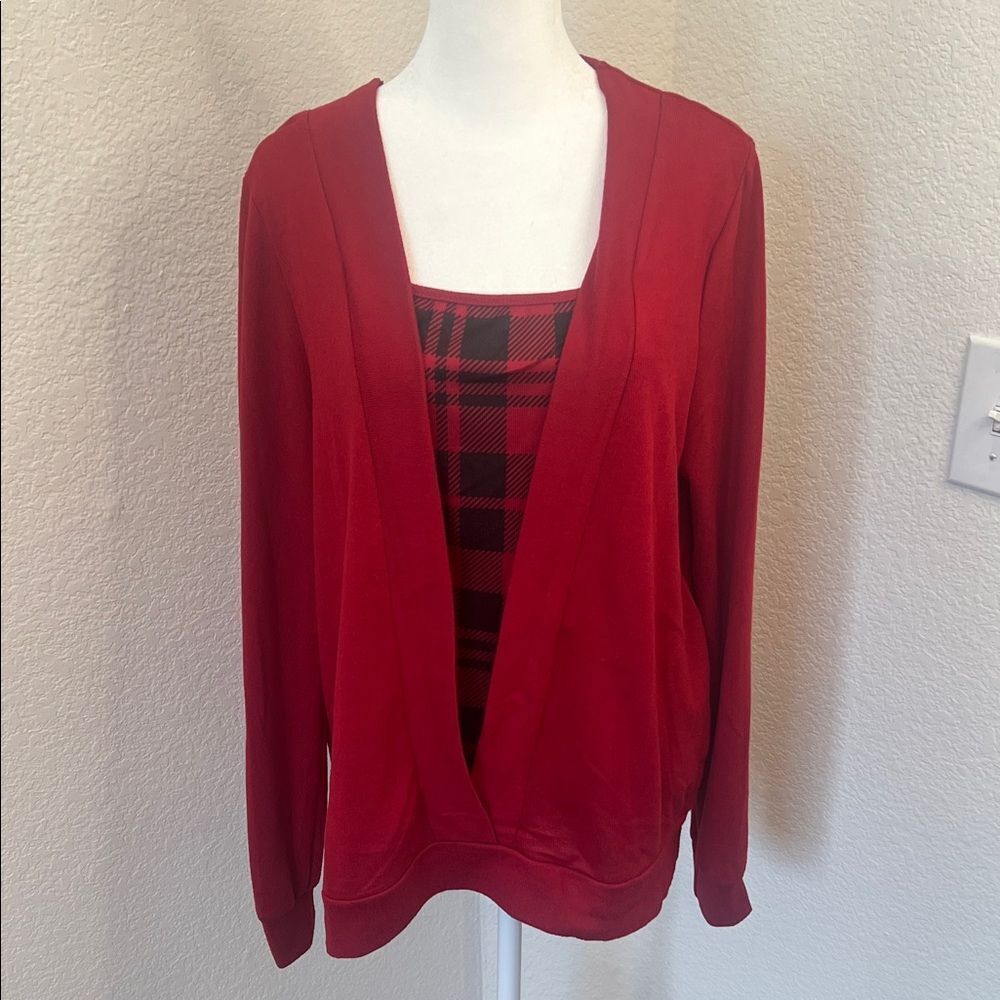 Shein Women's Red Open-Front Sweater with Plaid Center Insert